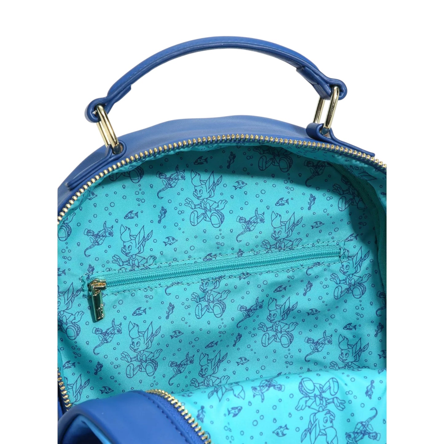 Blue backpack with a pattern of Pinocchio characters on a white background
