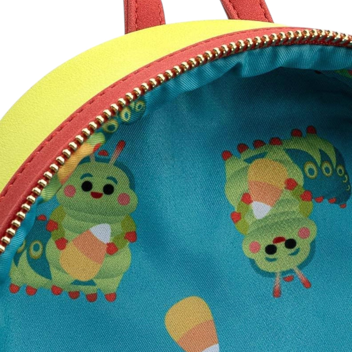 Colorful backpack with A Bug's Life Heimlich caterpillar design on a blue background
