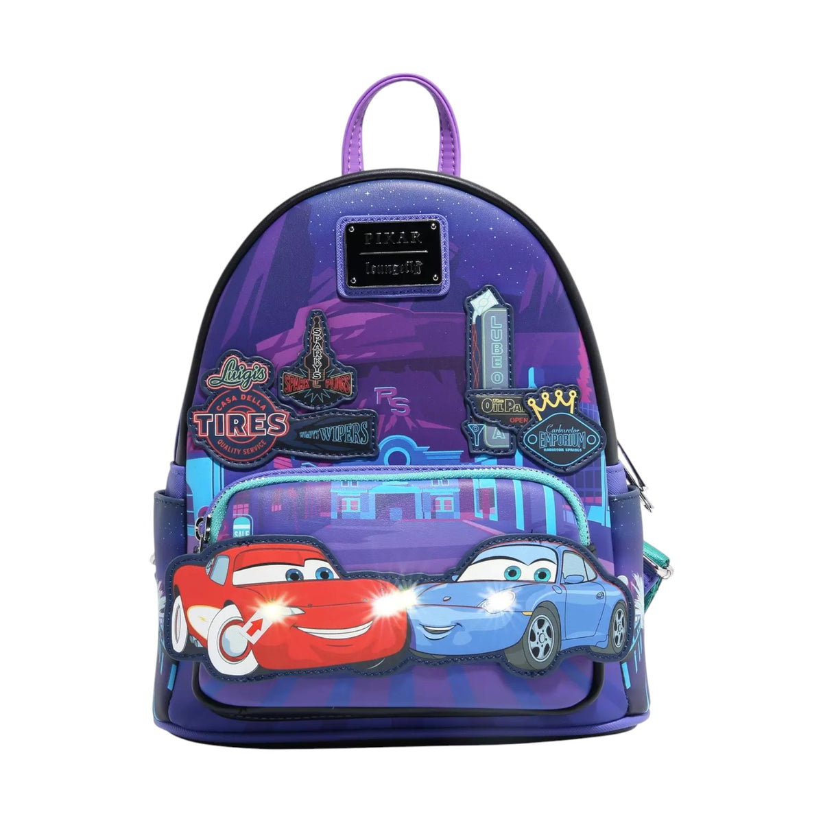 Backpack with Cars Lightning McQueen & Sally Nighttime Light-Up car design and cityscape on a white background