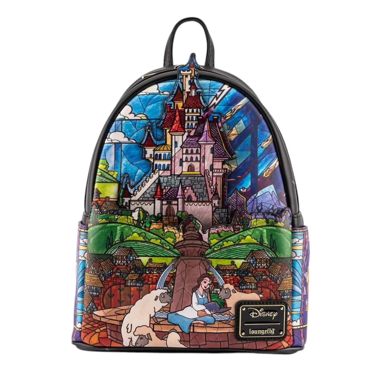 Backpack with stained glass castle design featuring Belle on a white background