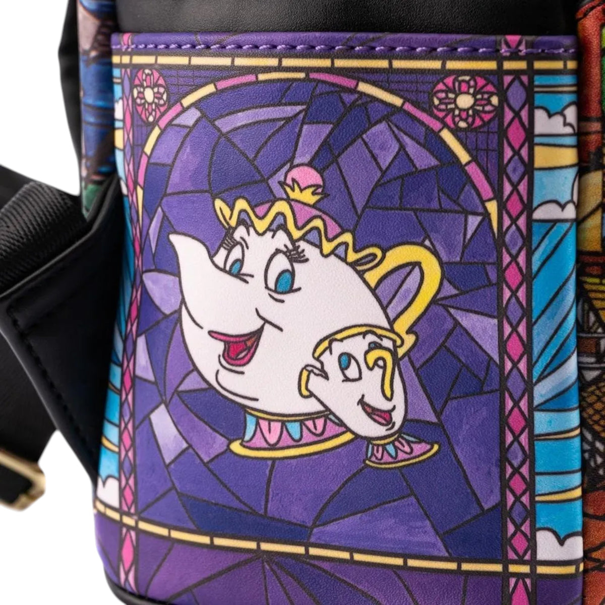 Mrs. Potts and chip character design on a colorful background with stained glass effect