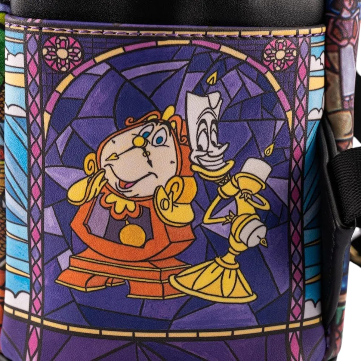 Stylized depiction of Cogsworth and Lumiere character and a lamp with a stained glass window design.