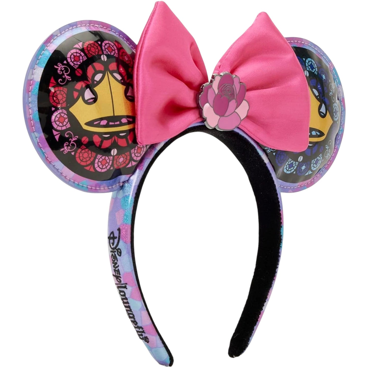 Princess Stained Glass Sleeping Beauty Ears with a pink bow and colorful design on a white background