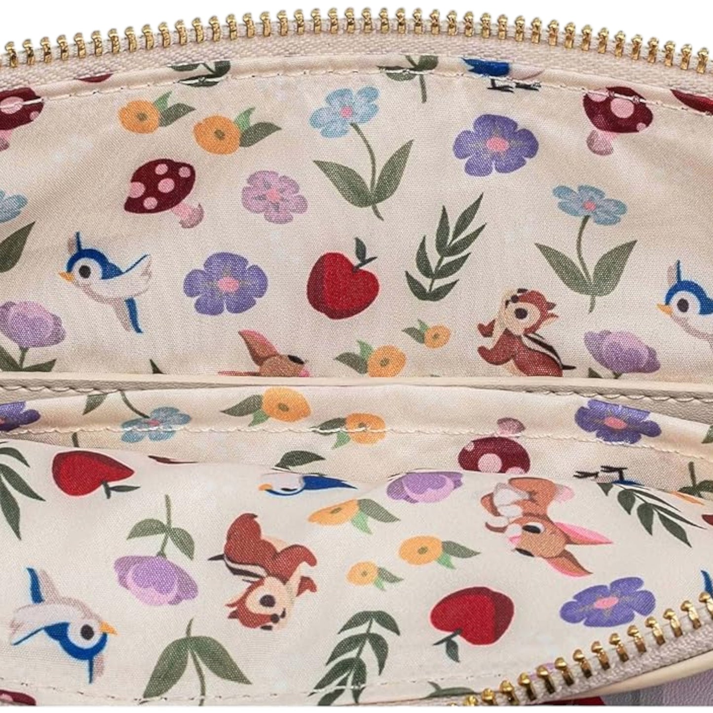 Floral pattern with various snow white characters on a beige background