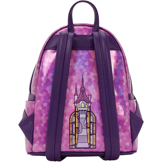 Disney Stained Glass Rapunzel Mini Backpack with purple and pink design featuring a castle window on a white background