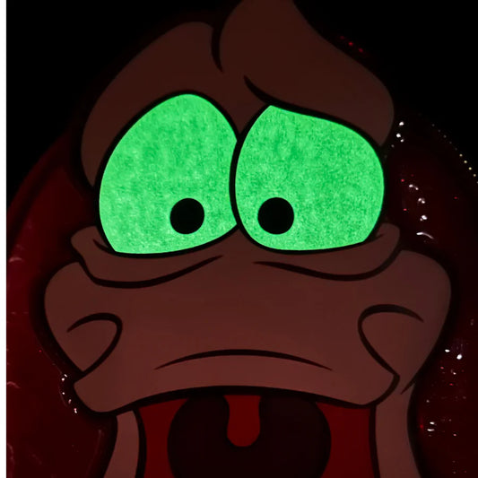 The Little Mermaid Sebastian Metallic character with glowing green eyes and a surprised expression on a dark background