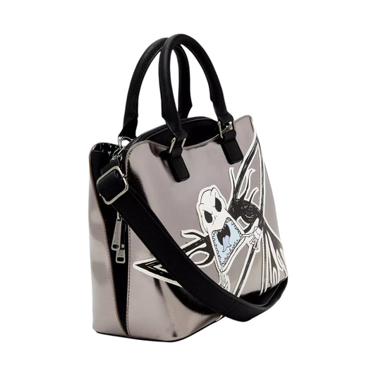 Silver Loungefly Disney The Nightmare Before Christmas Metallic Jack Skellington Crossbody Tote Bag with a Jack Skellington character design with black handles on a white background