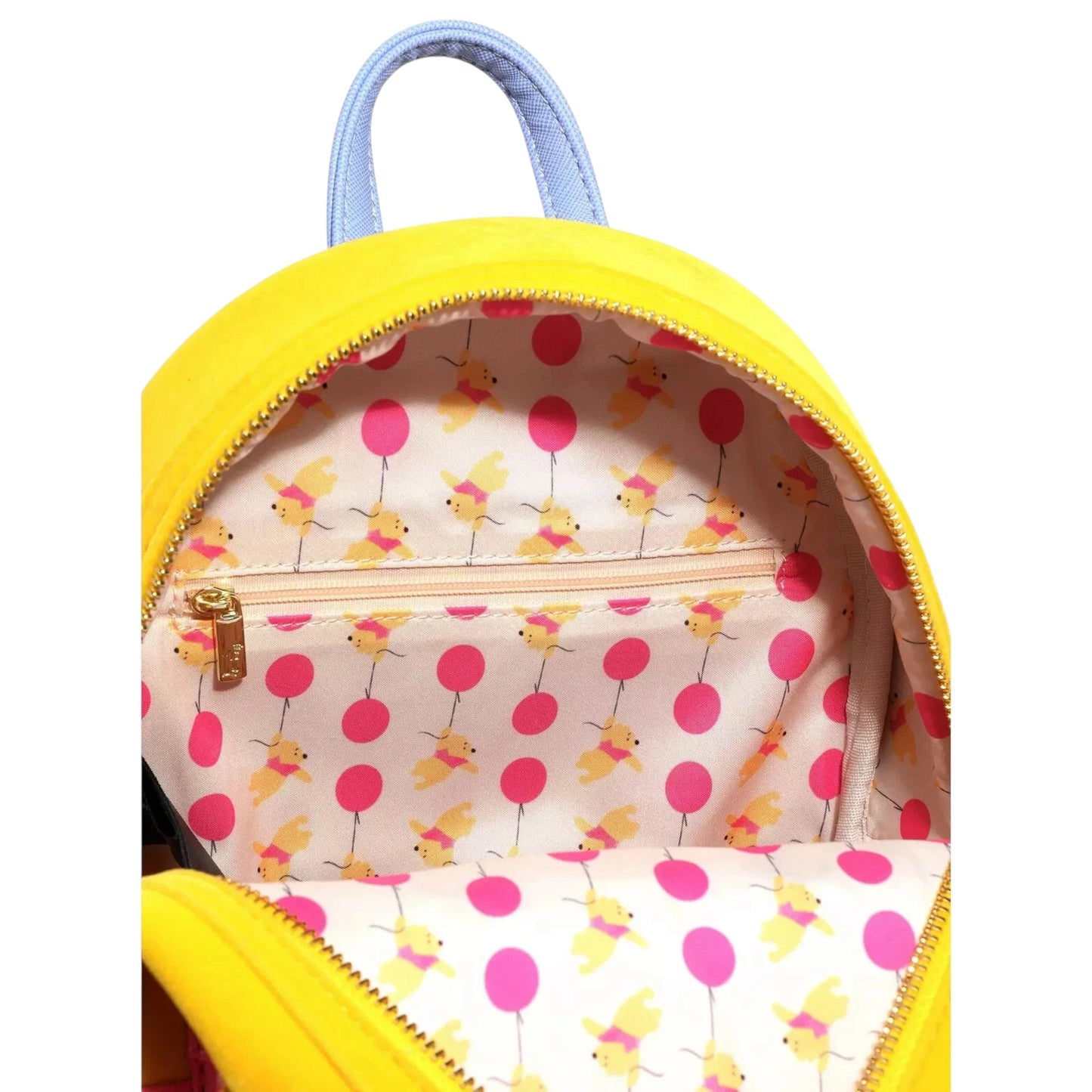 Yellow Winnie The Pooh Flower Crown Mini Backpack with winnie the pooh character holding a balloon pattern interior on a white background