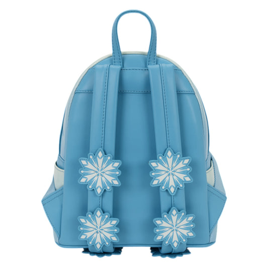 Back of Loungefly Frozen Elsa Glitter Sequin Cosplay Mini Backpack with snowflake designs on blue straps on a white background