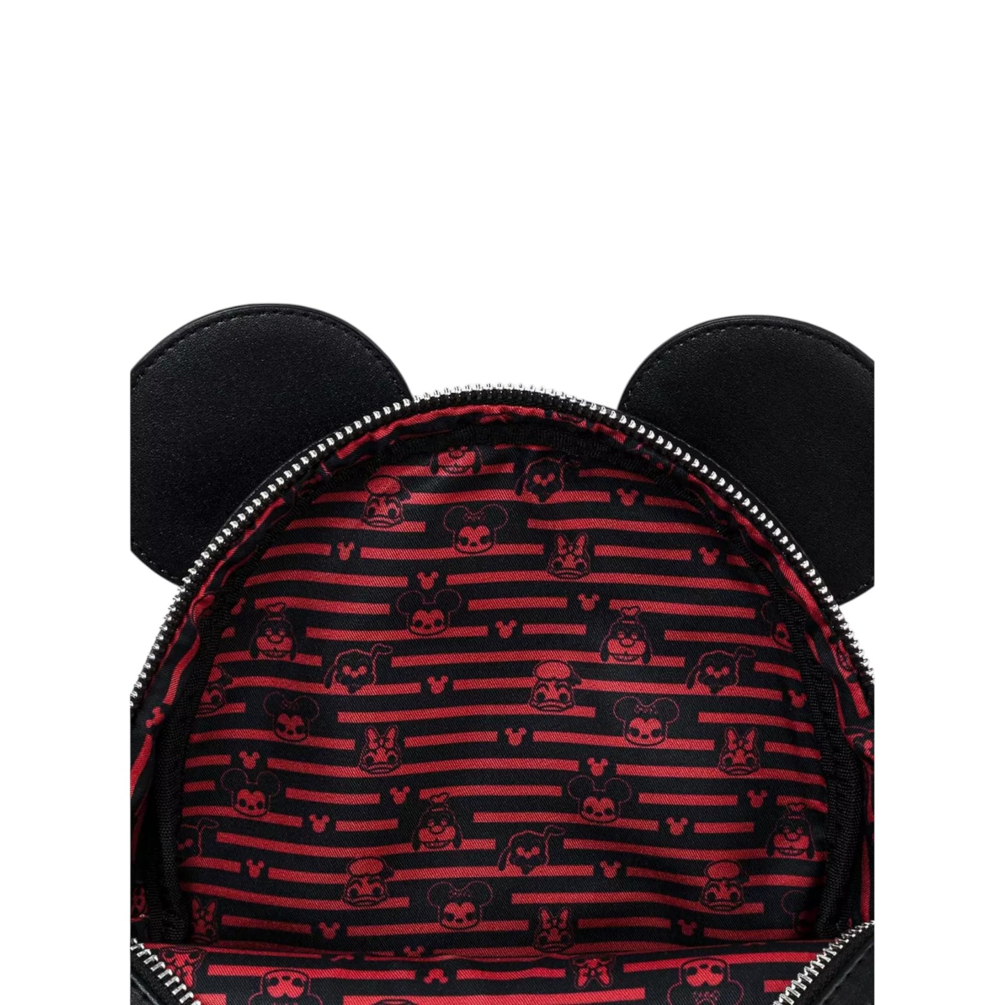 Backpack with black and red Mickey & Minnie Mouse pattern on a white background