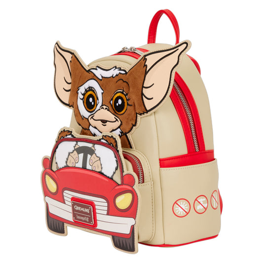 Backpack with Gremlins Gizmo character of a creature driving a car on a white background