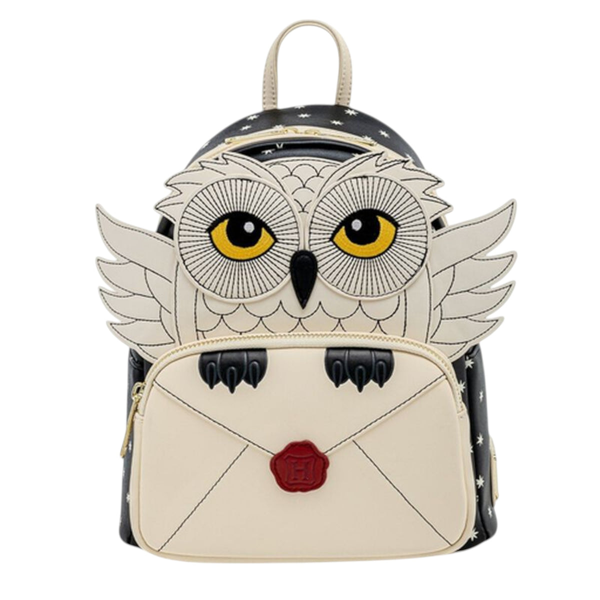 Harry Potter Hedwig Howler Cosplay Mini Backpack with Hedwig face and wings with claws holding a white envelope with with a red wax stamp with the letter H on a white background