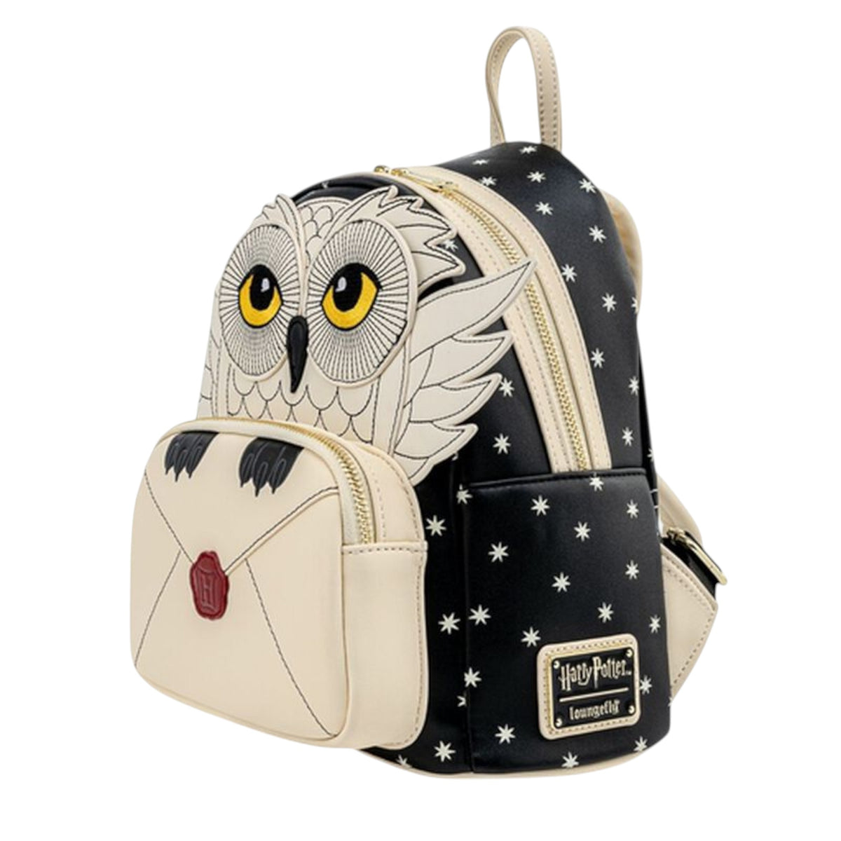 Harry Potter Hedwig Howler Cosplay Mini Backpack with Hedwig face and wings with claws holding a white envelope with with a red wax stamp with the letter H on a white background