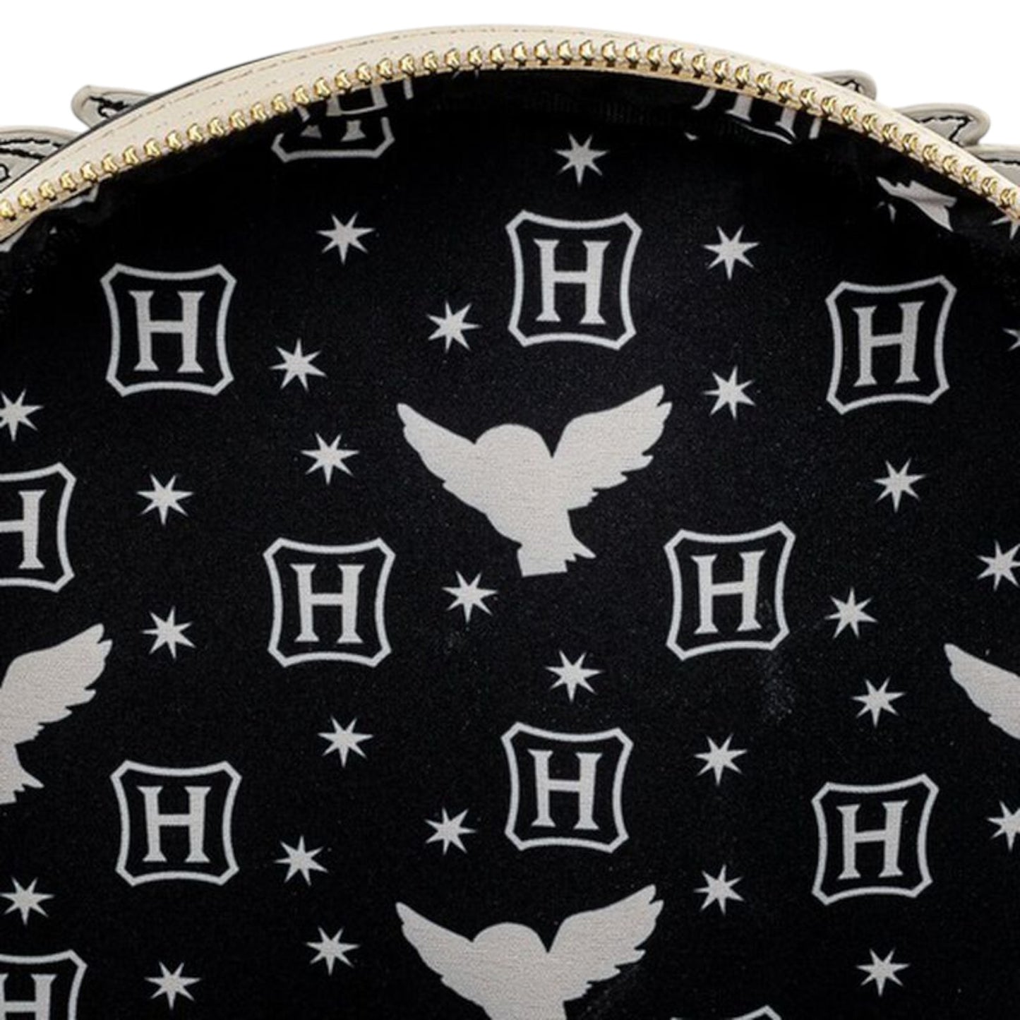 inside Black backpack with white 'H' logo and Hedwig Howler pattern