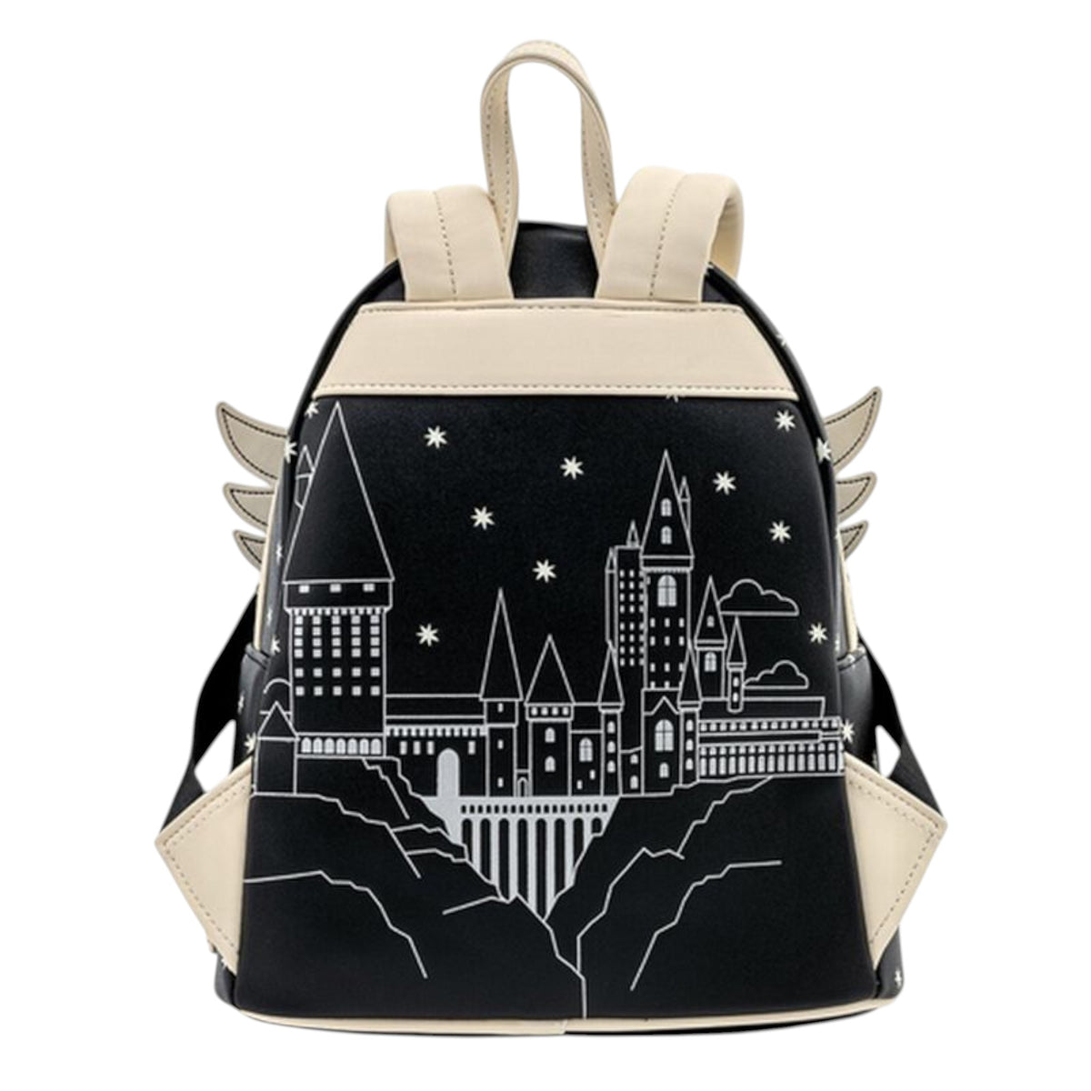 Back of Harry Potter Hedwig Howler Cosplay Mini Backpack with castle design and white straps on a black background