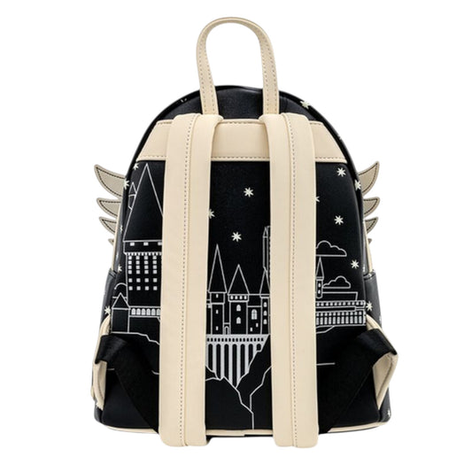 Back of Harry Potter Hedwig Howler Cosplay Mini Backpack with castle design and white straps on a black background