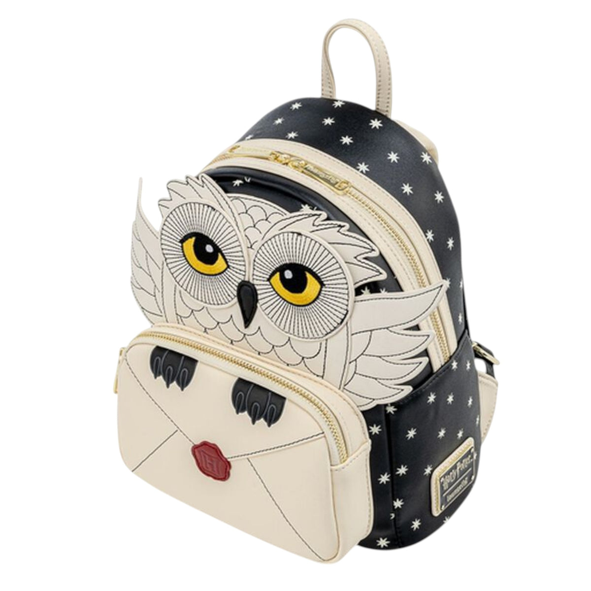 Harry Potter Hedwig Howler Cosplay Mini Backpack with Hedwig face and wings with claws holding a white envelope with with a red wax stamp with the letter H on a white background