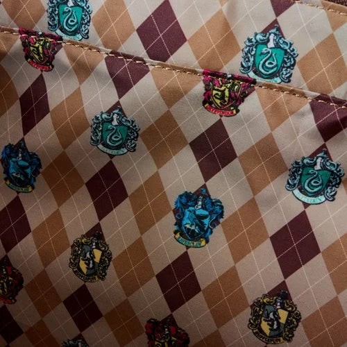 Decorative pattern with Hogwarts house crests on a checkered background
