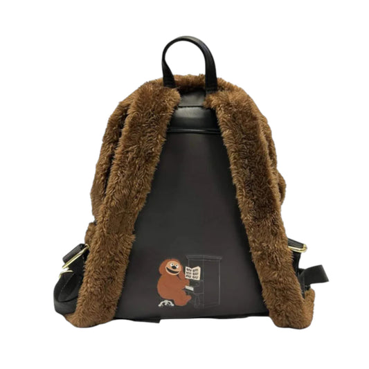 Black backpack with brown fur trim and a Muppets Rowlf illustration playing the piano on a white background