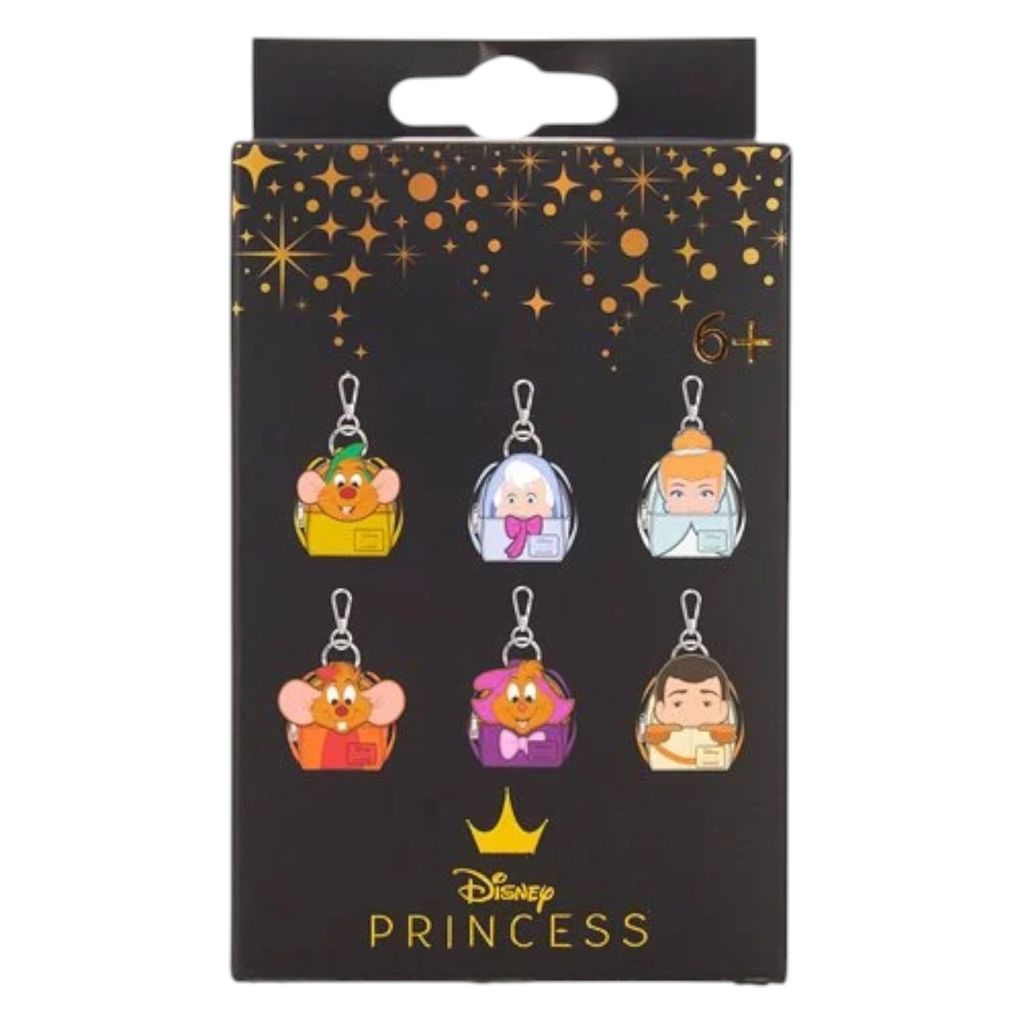 Set of Loungefly Cinderella 75th Anniversary Mystery Mini Backpack Bag Charm with Disney Princess character charms on a branded packaging with 'Disney Princess' logo.