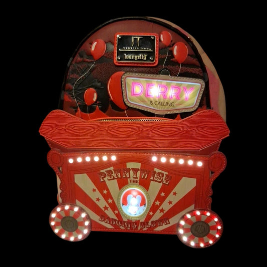 Glowing Red IT Chapter Two Pennywise Light Up Mini Backpack with lights around the wheels on a black background