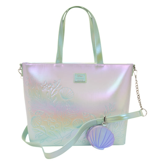 Back of The Little Mermaid Ariel, Flounder, & Sebastian Tote Crossbody Bag with Coin Bag a seashell coin bag and blue strap on a white background