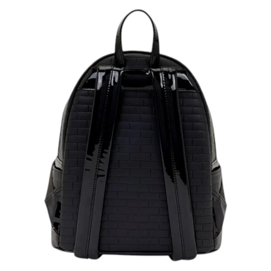 Back of Loungefly Universal Monsters Dracula Stained Glass Mini Backpack with quilted pattern and black straps on a white background