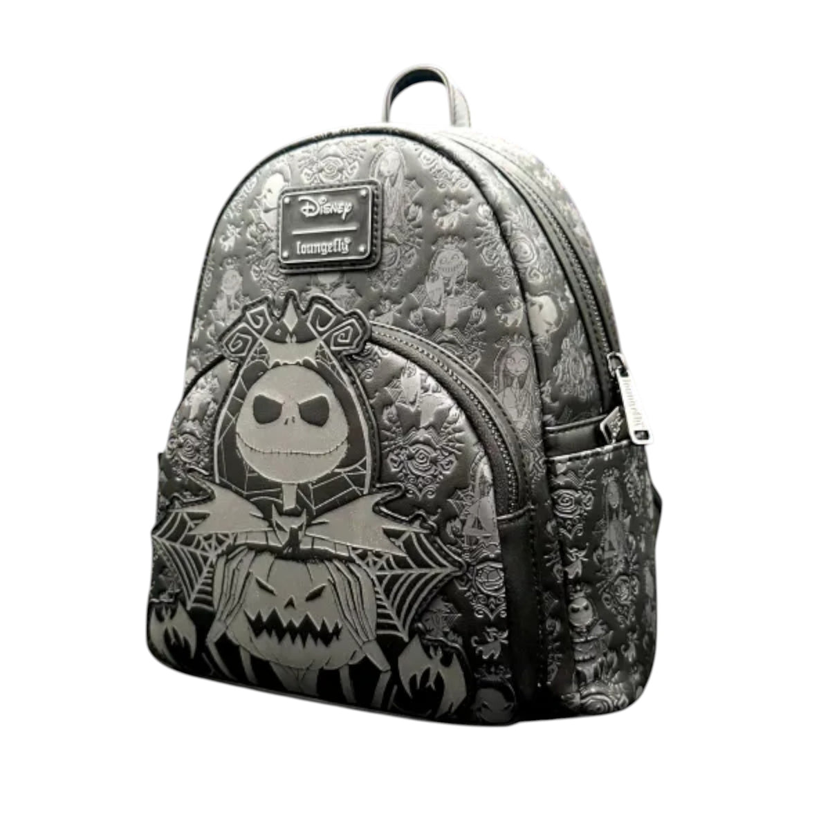 Backpack with Nightmare Before Christmas-themed design featuring a jack Skellington and jack-o'-lantern on a white background