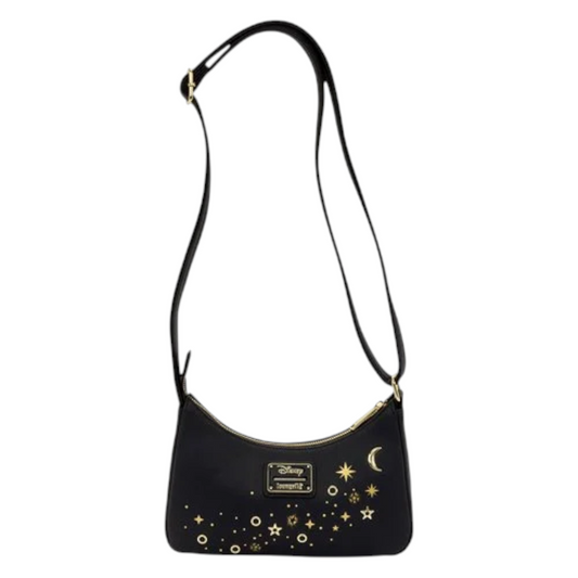 Back of black Black Loungefly Peter Pan Tinker Bell Pixie Dust Crossbody Bag with with gold star and moon designs and a Disney Loungefly Logo on a white background