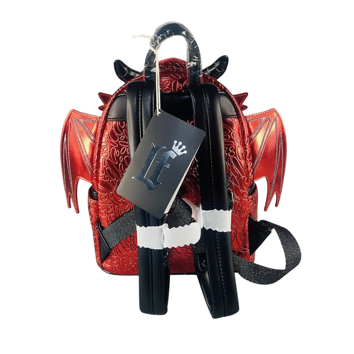 Red dragon-themed Red Dragon Mini Backpack backpack with a black strap and tag on a white background