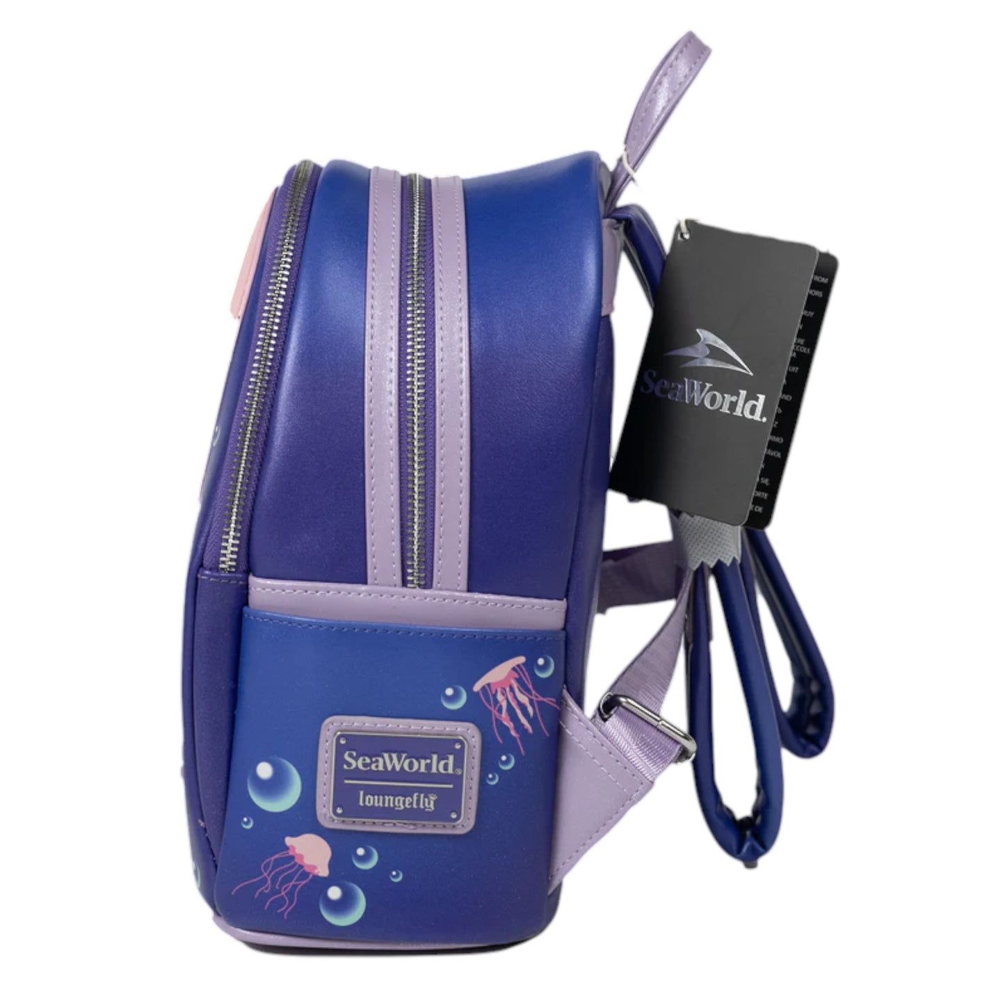 Side of Loungefly SeaWorld Exclusive Light Up Jellyfish Mini Backpack with jellyfish design and SeaWorld Loungefly logo on a white background