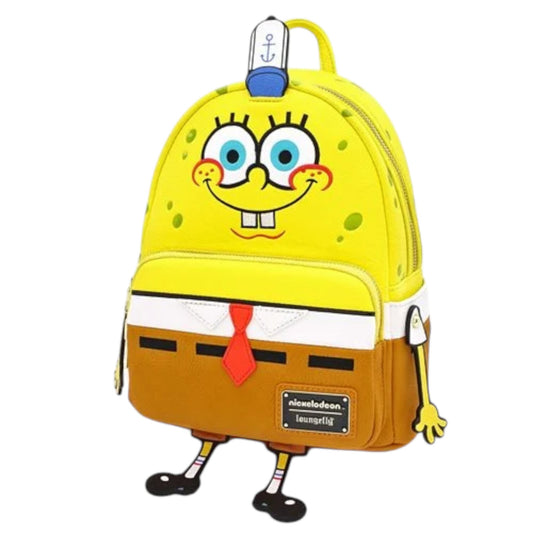 Loungefly Nickelodeon SpongeBob SquarePants Cosplay Mini Backpack designed like SpongeBob SquarePants wearing a white shirt, red tie, and brown pants with a white background