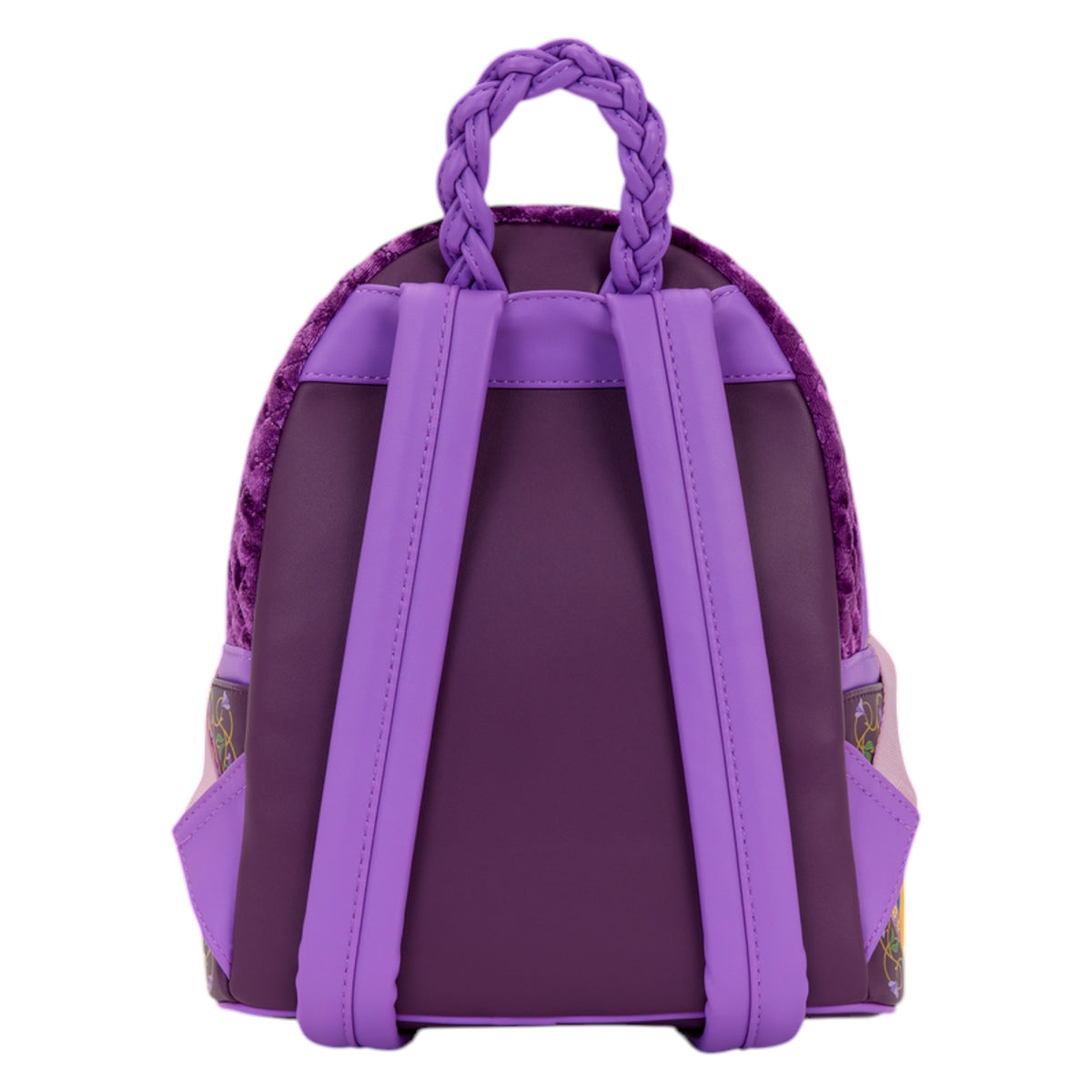 Back of Loungefly Tangled Rapunzel Exclusive Lanterns Quilted Mini Backpack with purple braided handle and purple straps on a white background