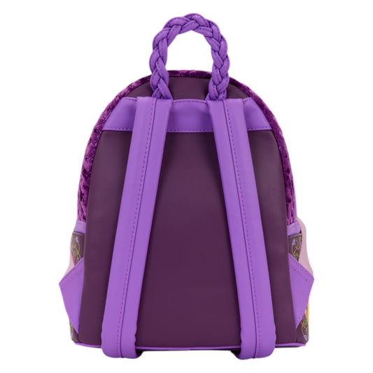 Back of Loungefly Tangled Rapunzel Exclusive Lanterns Quilted Mini Backpack with purple braided handle and purple straps on a white background