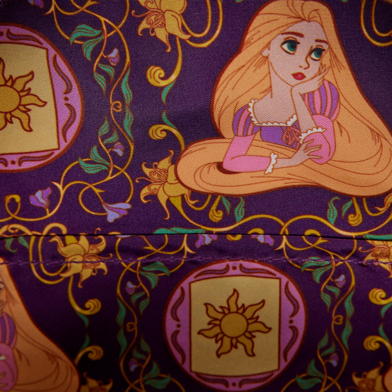 Close-up pf Loungefly Tangled Rapunzel Exclusive Lanterns Quilted Mini Backpack with patterned fabric with a Rapunzel character and decorative elements on a purple background