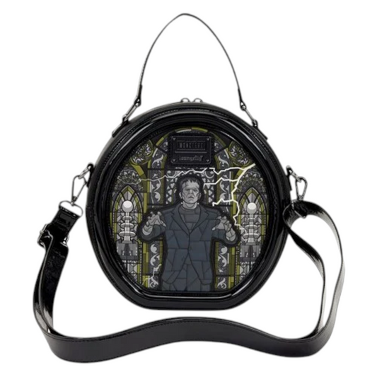Back of Loungefly Universal Monsters Dracula & Frankenstein Crossbody Bag with stained glass effect and Frankenstein character figure on a white background