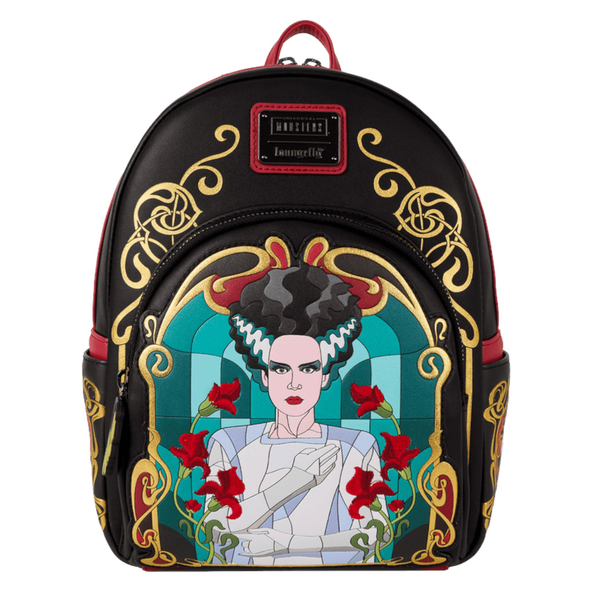 Backpack with decorative design featuring The Bride Of Frankenstein and floral elements on a white background