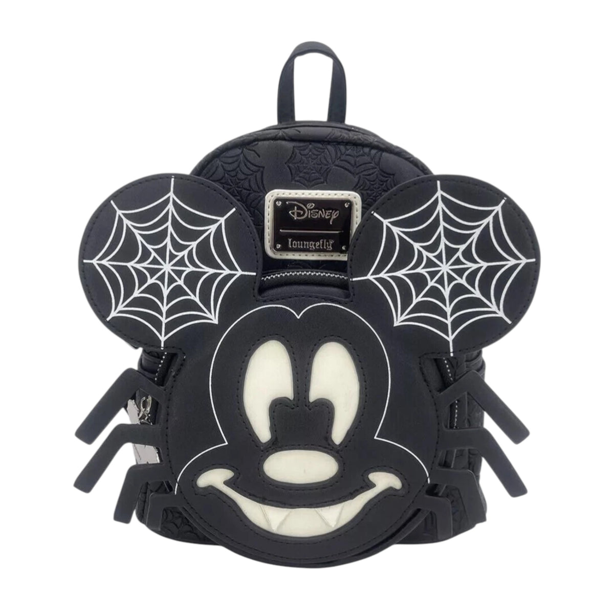 Black Spider Mickey Glow In The Dark Mini Backpack with spider web designs and a Disney logo on a white background