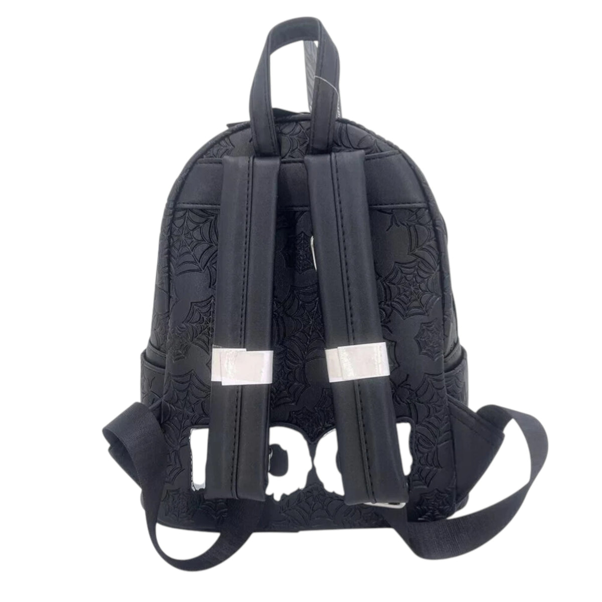 Black Spider Mickey Glow In The Dark Mini Backpack with spider web design and the text "BOO" on a white background