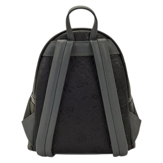 Black backpack with roses pattern on a white background
