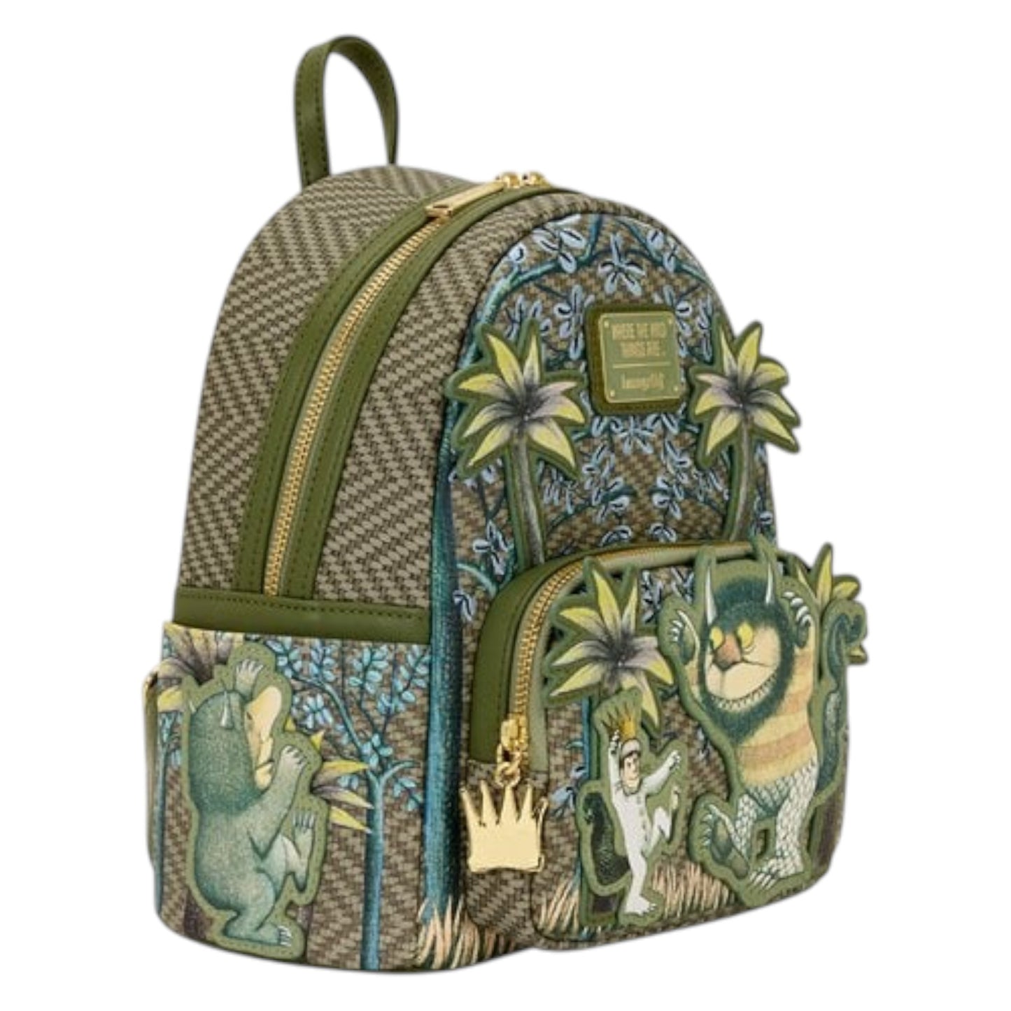 Backpack with nature-themed design featuring Where the Wild Things Are characters and plants on a white background