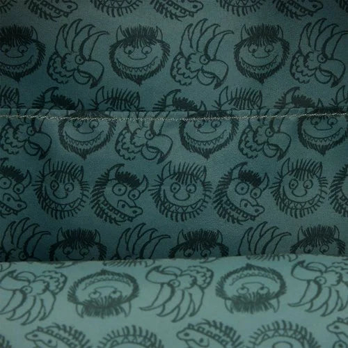 Textile with black pattern of Where the Wild Things Are character faces on a blue background