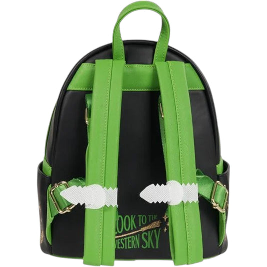 Black Wicked Elphaba Backpack with green straps and "Look To The Western Sky" text on a white background"