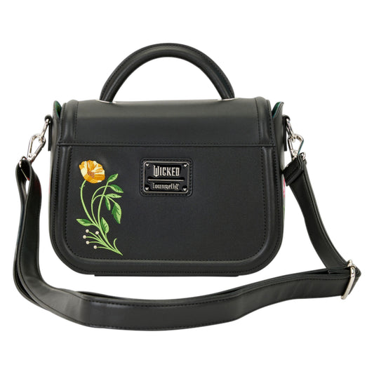 Black Wicked For Good Floral handbag with floral embroidery and 'Wicked' Loungefly logo on a white background