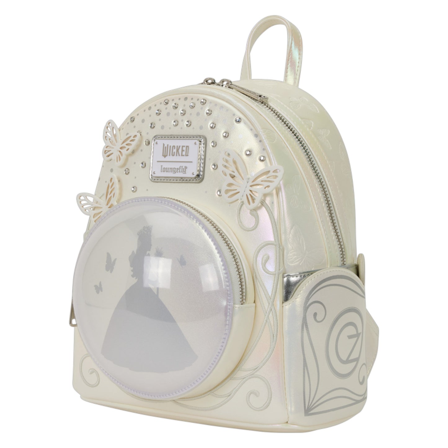 White backpack with decorative elements and a clear front panel featuring a silhouette of Glinda Bubble and butterflies on a white background
