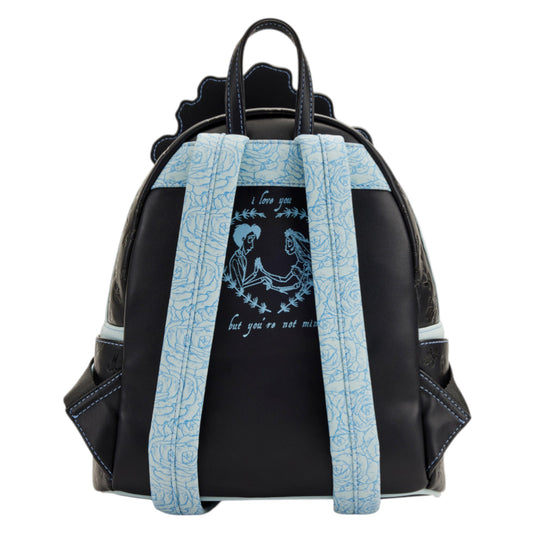 Corpse Bride Emily Bouquet Mini backpack with blue patterned straps on a white background