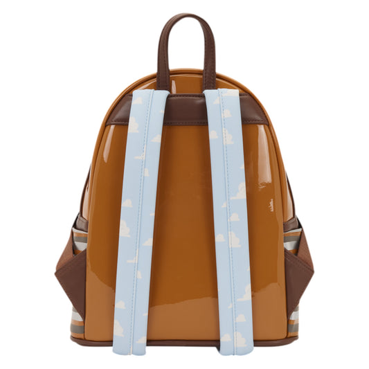 Back of Loungefly Toy Story Slinky Dog Cosplay Mini Backpack with white straps on a white background