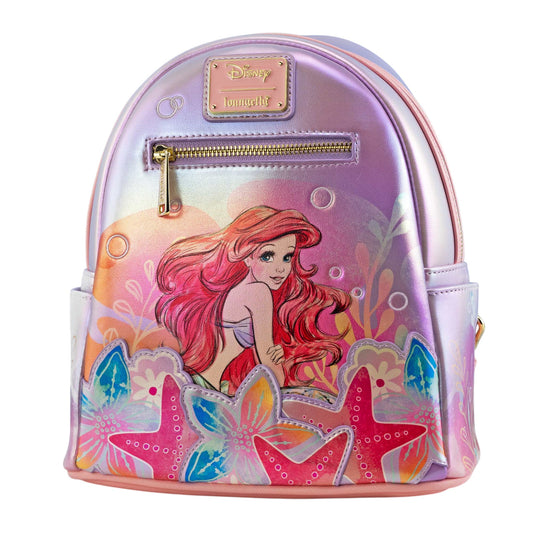 Loungefly Disney The Little Mermaid Ariel Soft Floral Mini Backpack with Ariel sitting around starfish and plants on a white background