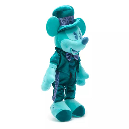 Inspired by the Haunted Mansion, Mickey Mouse is in a teal outfit with a top hat on a white background