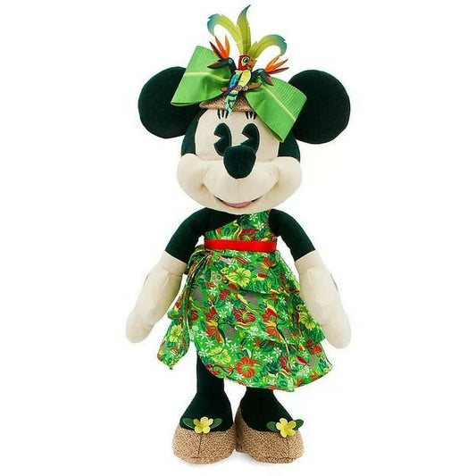 Minnie Mouse inspired by the Tiki Room in a tropical outfit with a green hat on a white background